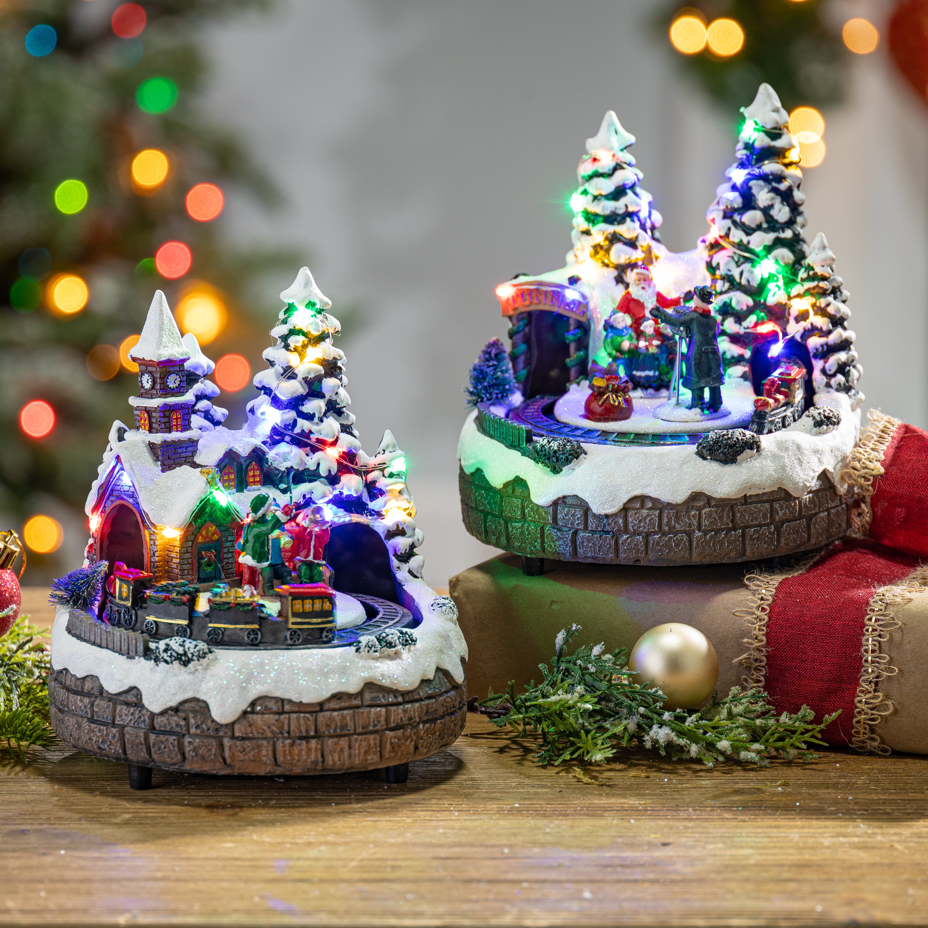 Set of 2 Musical Lighted Christmas Village with Moving Scenes